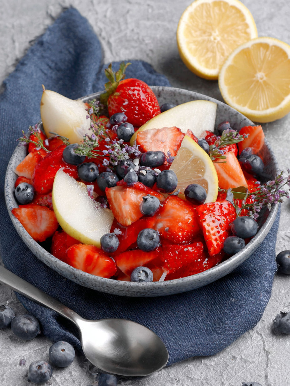 A bowl of fruit salad with blueberries, strawberries, and lemon.