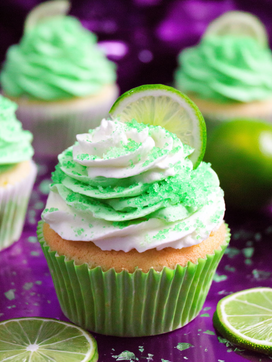 A cupcake with green and white frosting and a slice of lime on top.