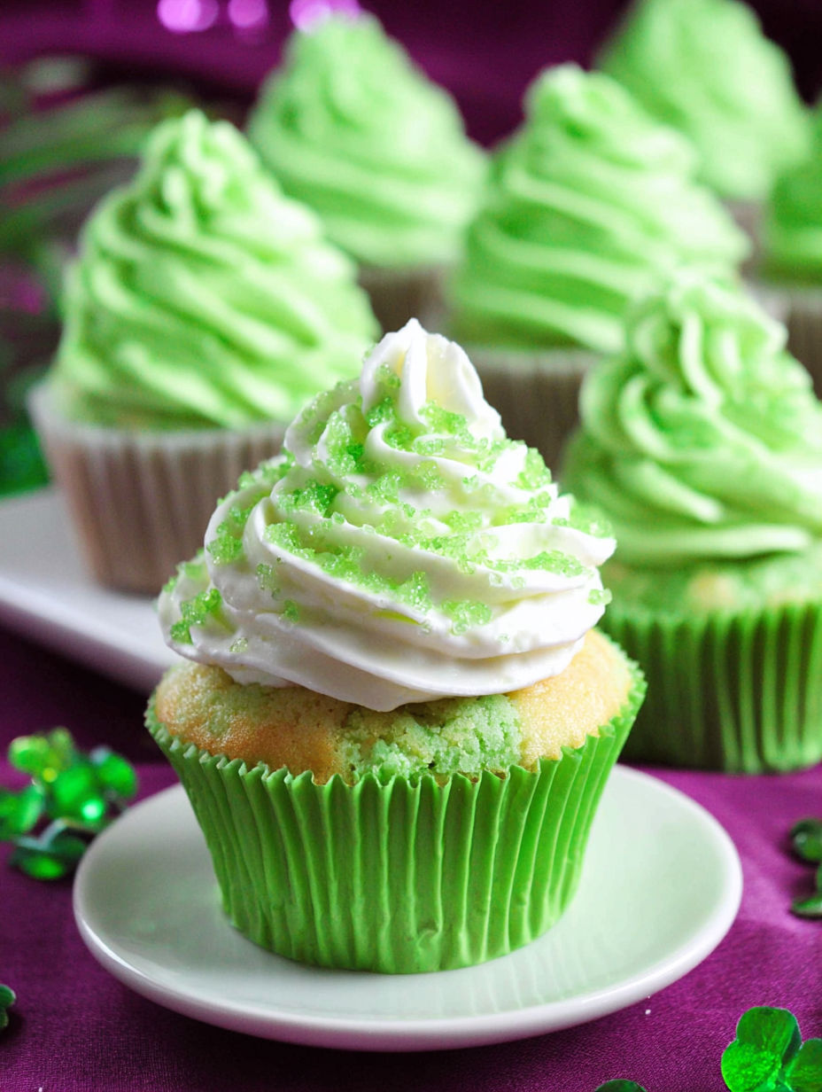 A cupcake with white frosting and green sprinkles.