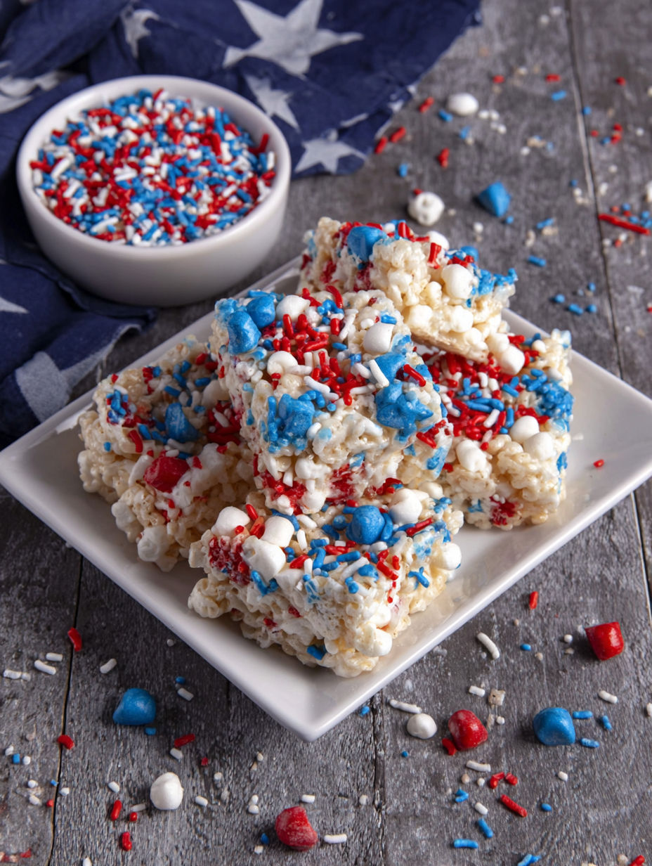 A plate of Rice Krispie treats with red, white and blue colors.