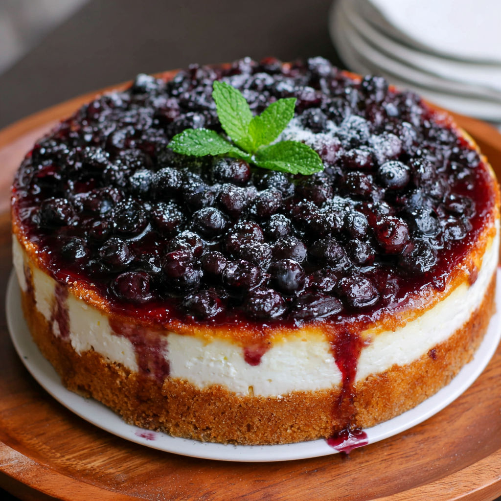 A slice of blueberry cheesecake with a green mint leaf on top.