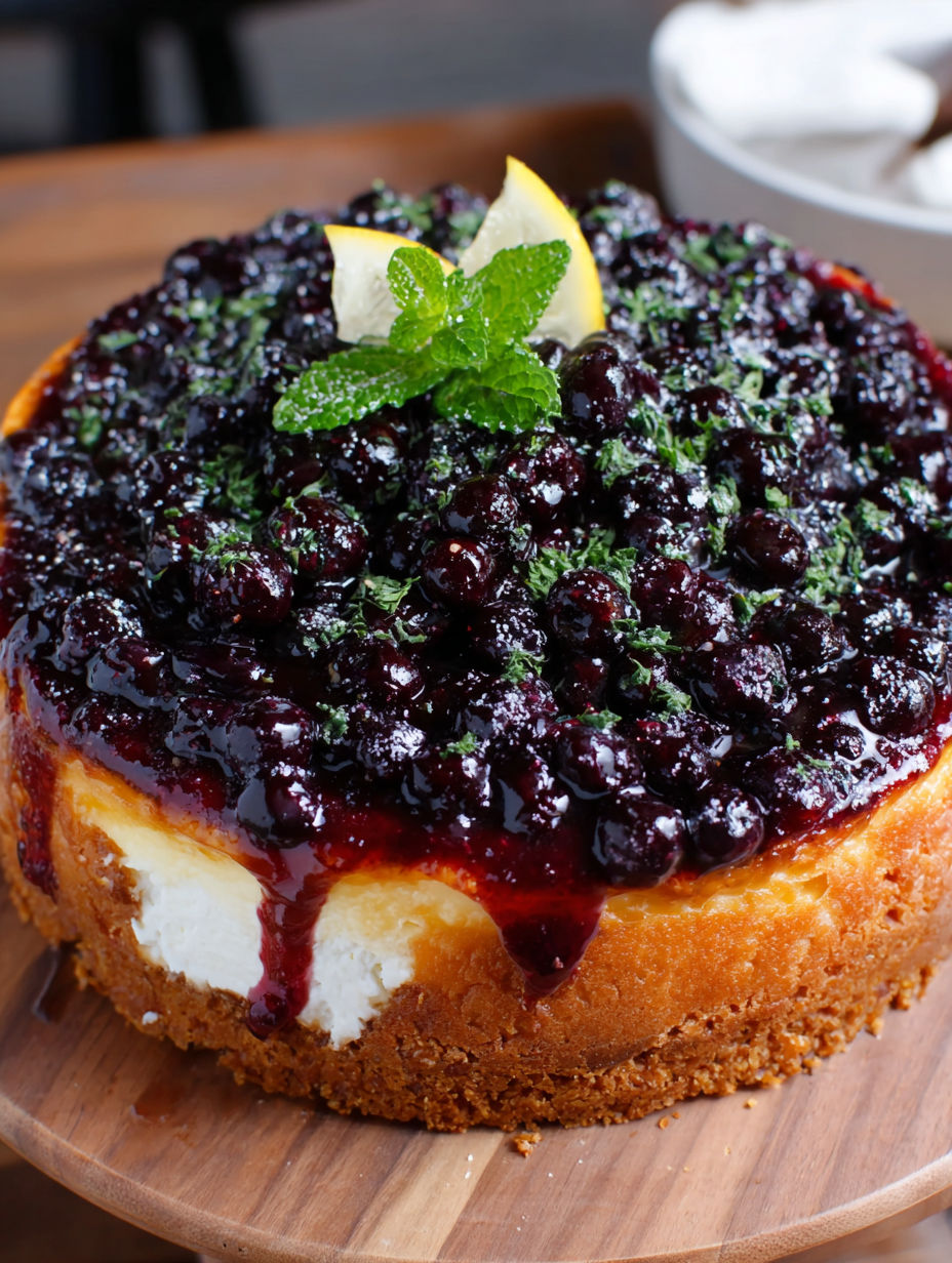 A slice of blueberry cheesecake with a lemon wedge on top.