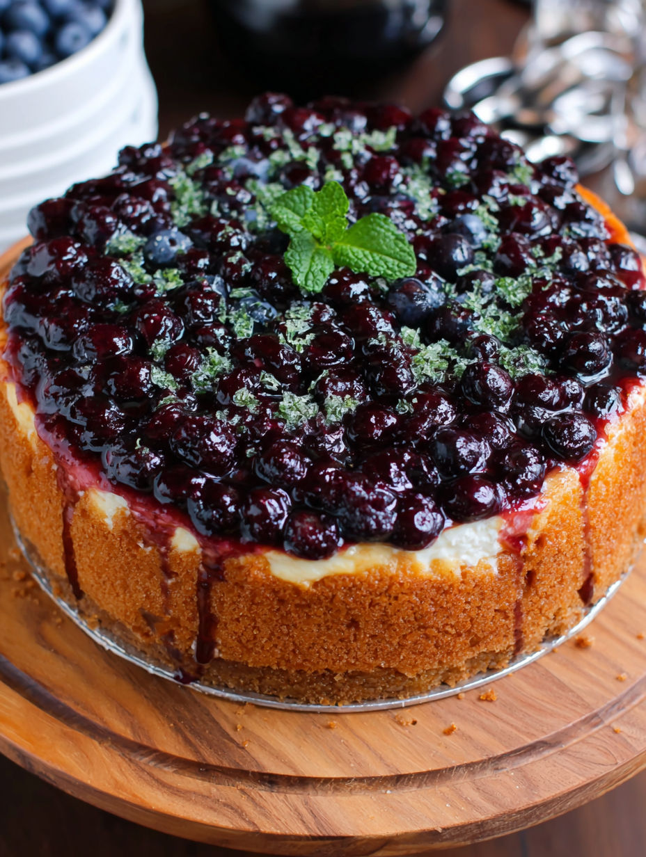 A slice of blueberry cheesecake with a green mint garnish.