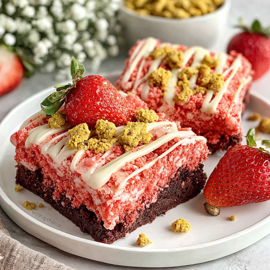 A slice of strawberry crunch brownies.
