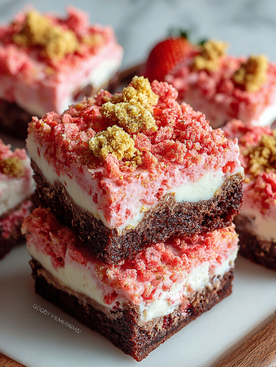 A stack of brownies with red and white toppings.