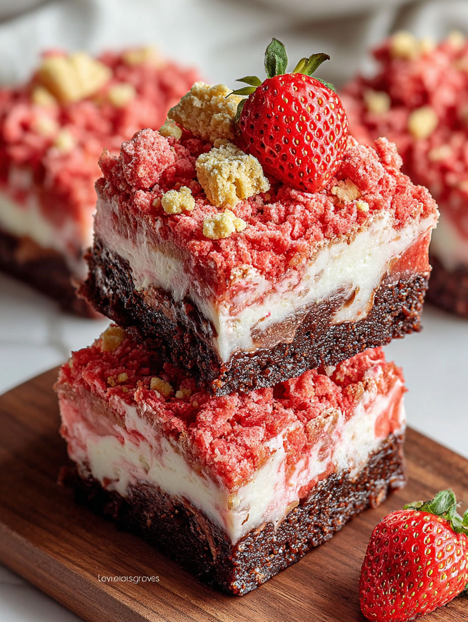 A close up of a strawberry crunch brownies recipe.