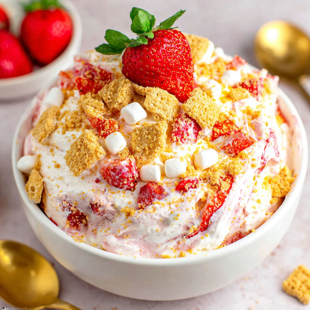 A bowl of strawberry cheesecake fluff salad.
