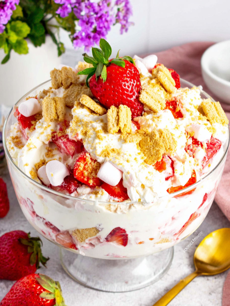 A large bowl of strawberry cheesecake fluff salad.