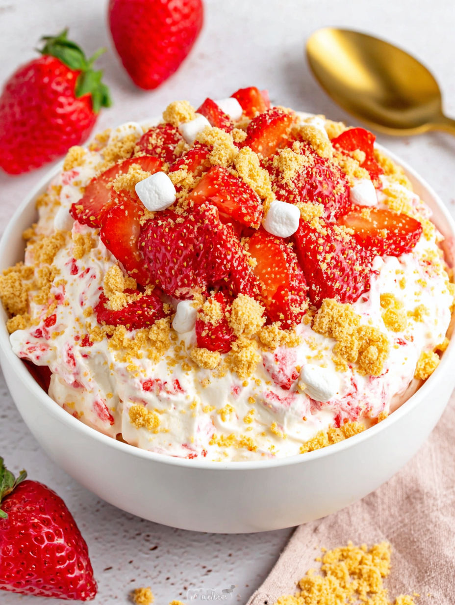 A bowl of strawberry cheesecake fluff salad.