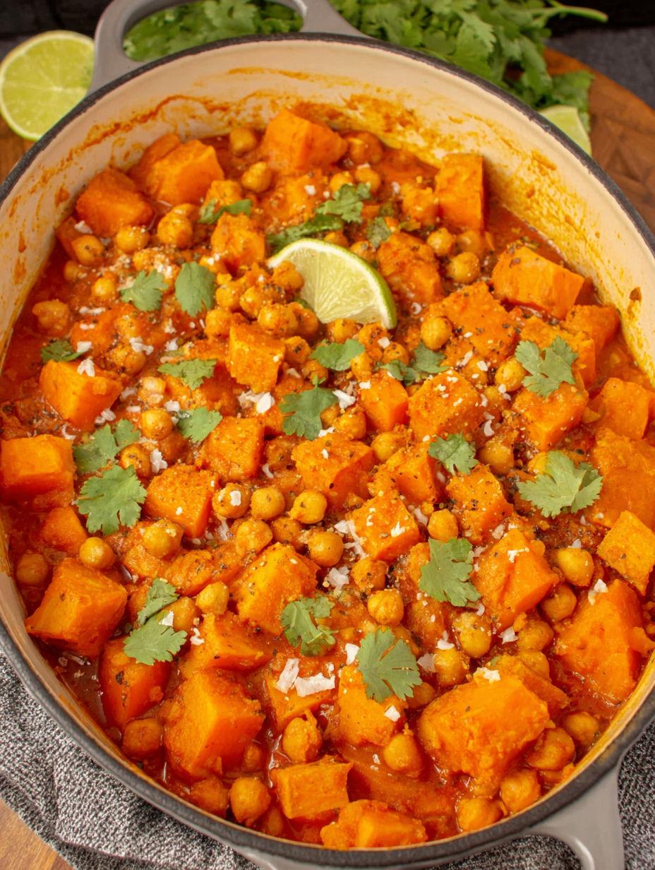 A bowl of pumpkin curry with chickpeas and coconut.
