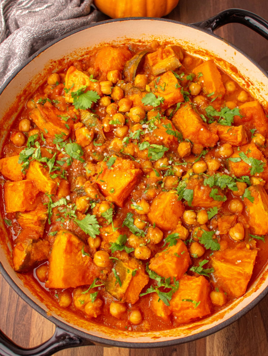 A bowl of pumpkin curry with chickpeas and coconut.