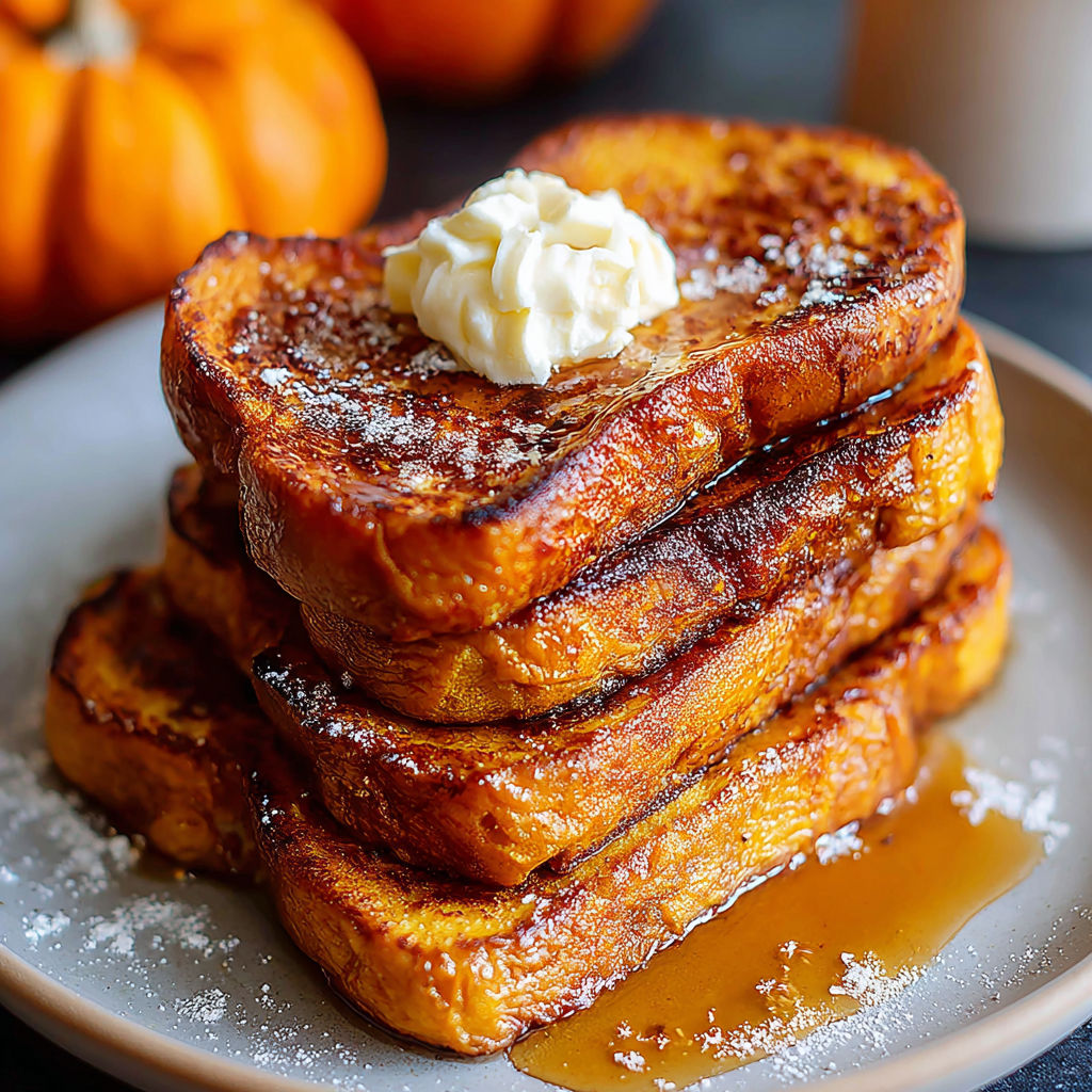 French toast with whipped cream and a pumpkin in the background.