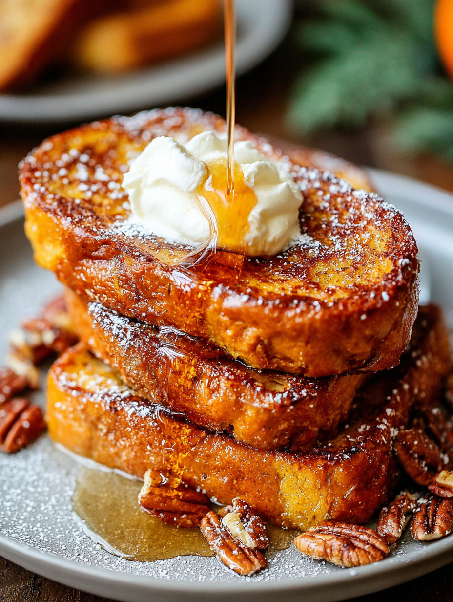 A stack of French toast with whipped cream and syrup.
