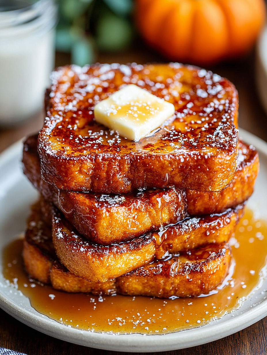 French toast with butter and syrup on a plate.