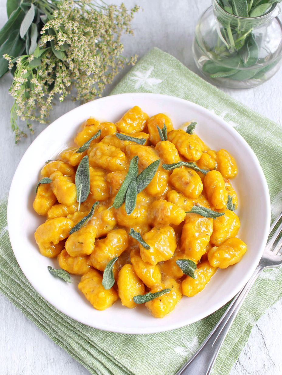 A bowl of pasta with herbs on top.