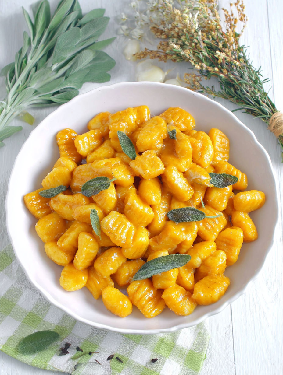A bowl of pasta with a green herb on top.