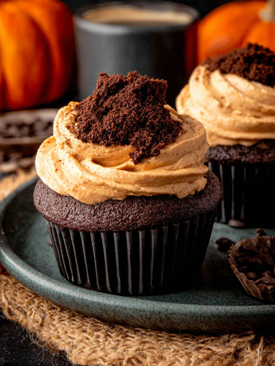 Two chocolate pumpkin cupcakes with brown icing.