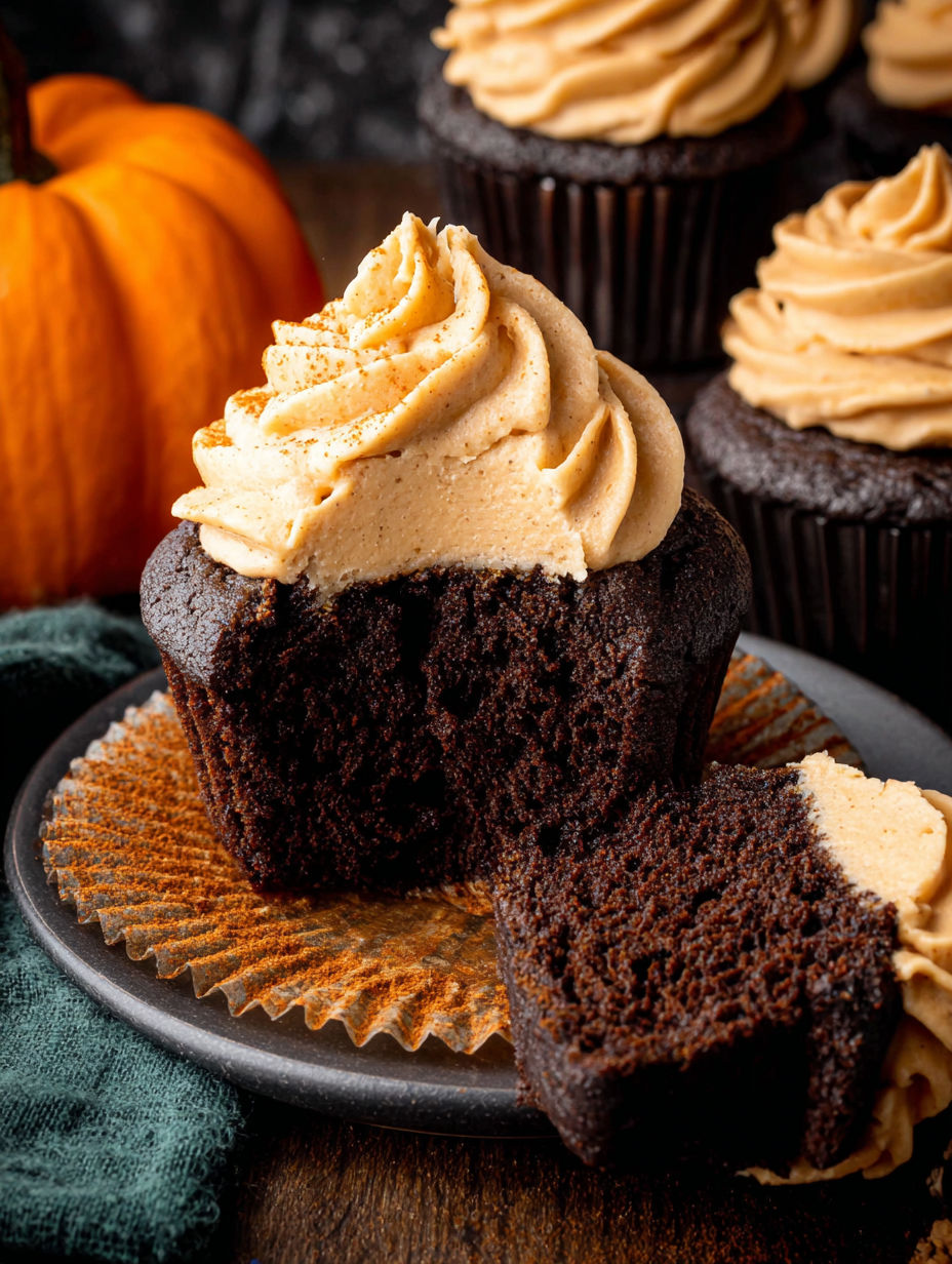 A chocolate cupcake with a pumpkin frosting.