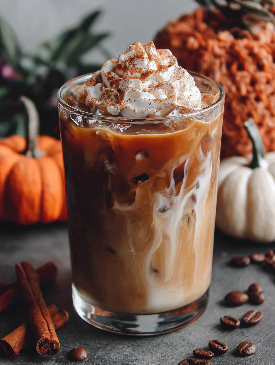 A glass of coffee with whipped cream and a pumpkin in the background.