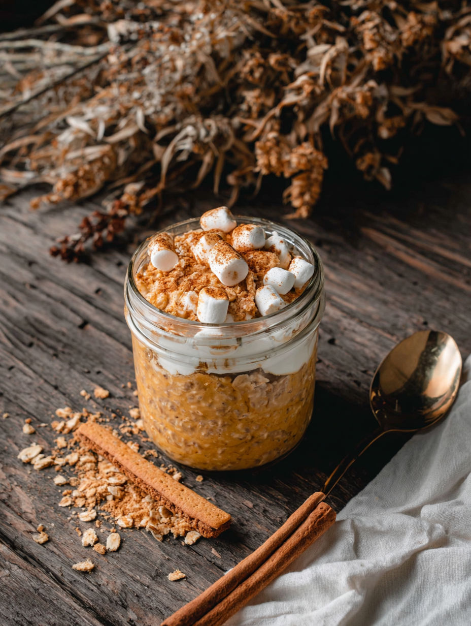 A jar of Toasted Marshmallow Pumpkin Overnight Oats.