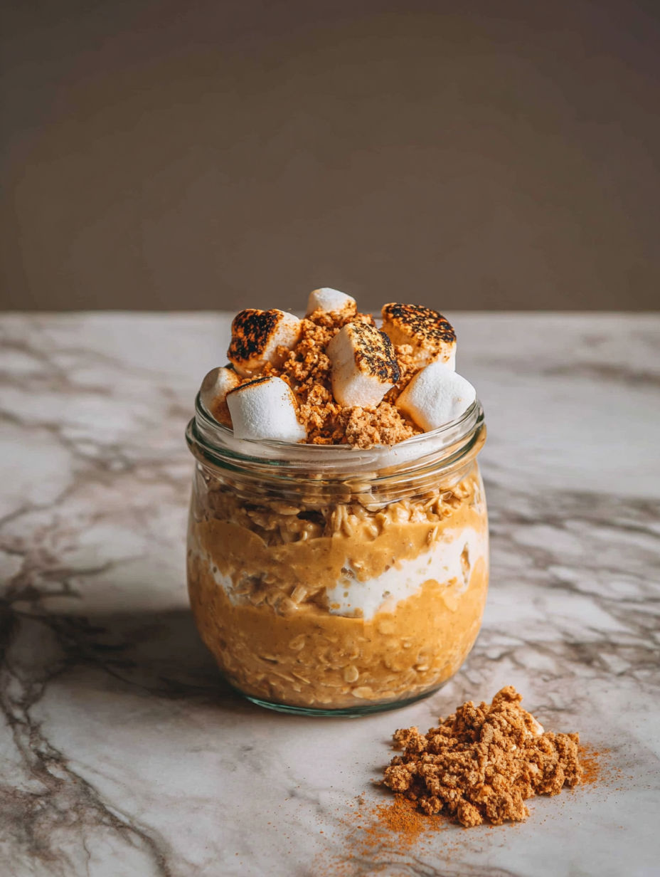 A jar of Toasted Marshmallow Pumpkin Overnight Oats.