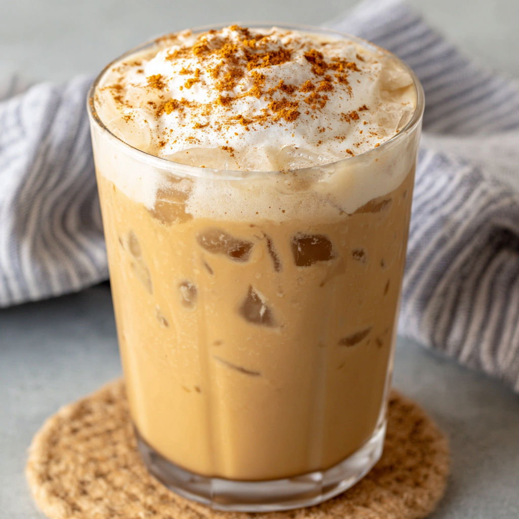 A glass of iced chai tea latte with pumpkin cold foam.