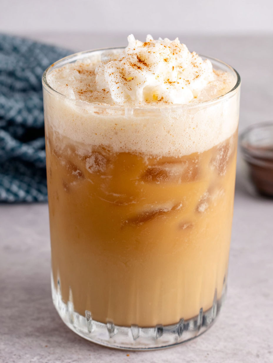 A glass of cinnamon flavored drink.