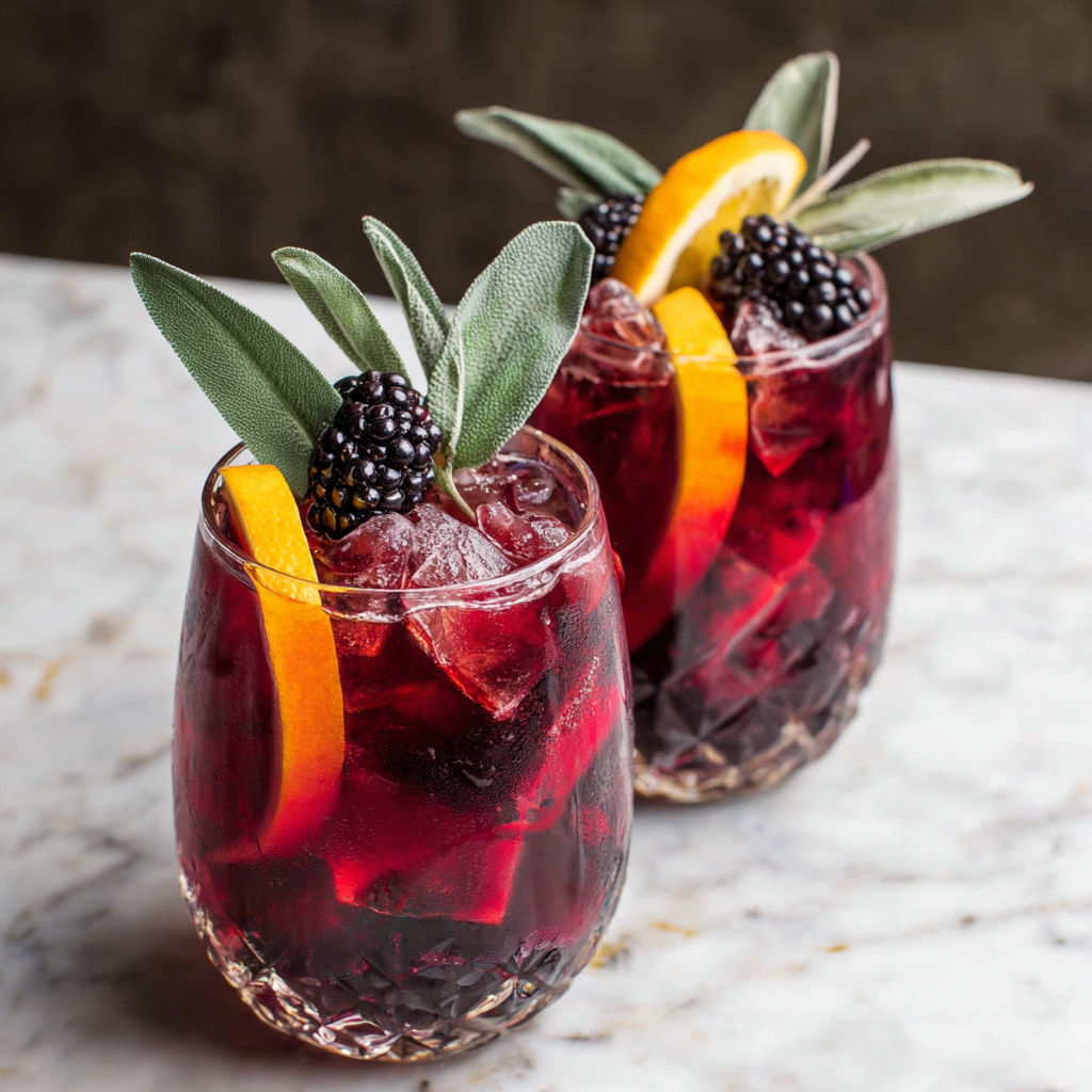 Two glasses of red sangria with blackberries and sage.