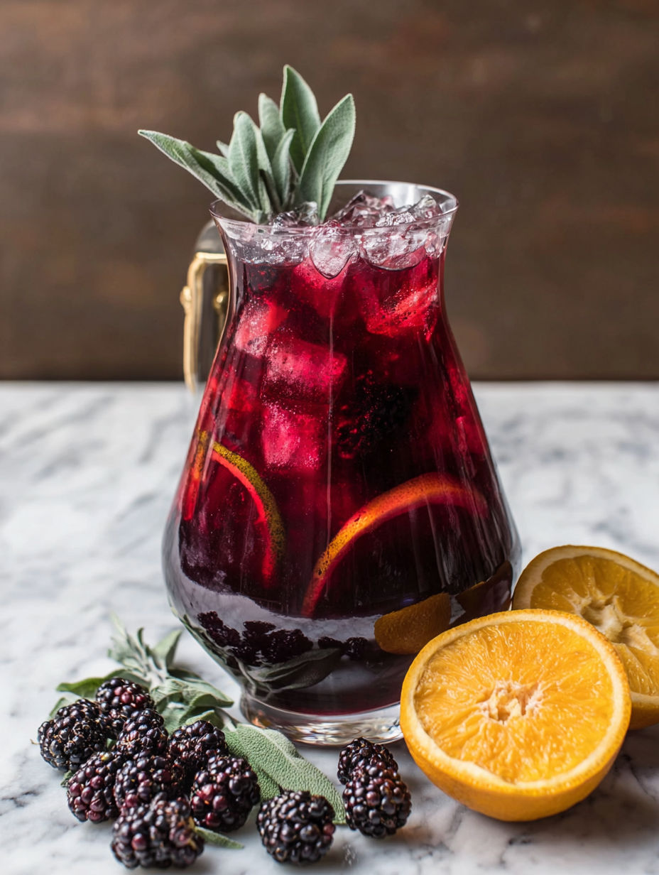 A glass of red sangria with blackberries and sage.