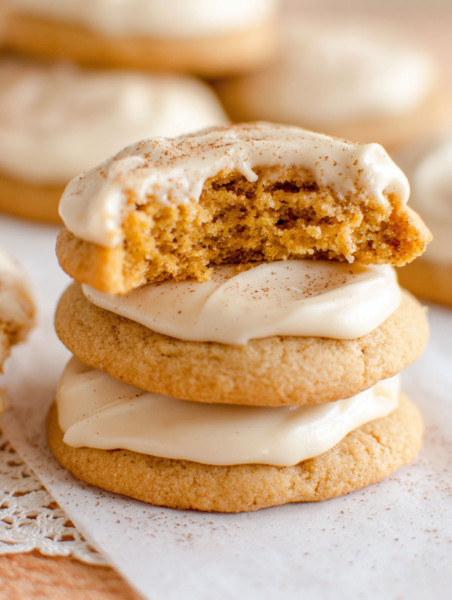 A stack of cookies with white frosting and cinnamon sprinkles.