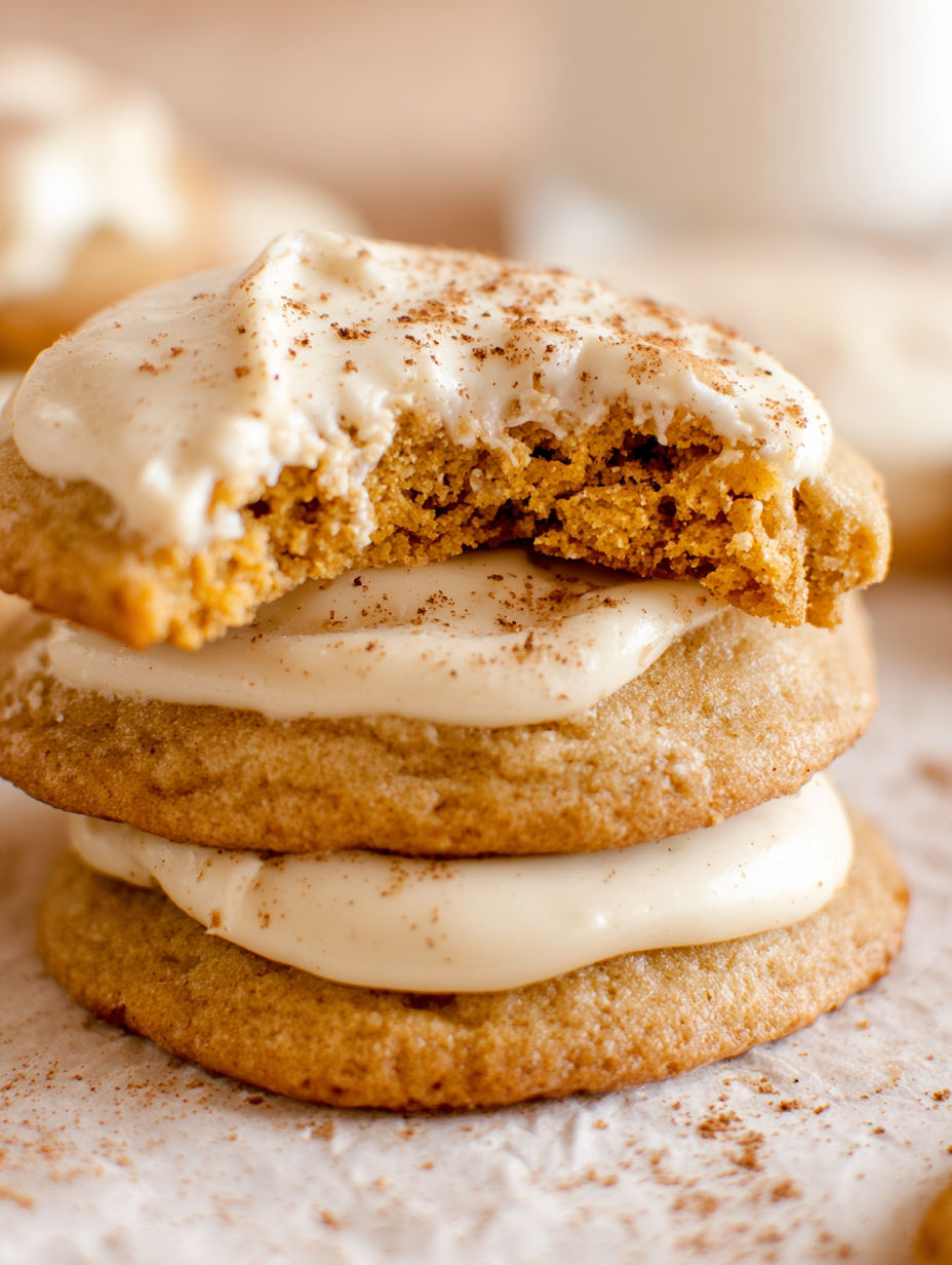 A stack of cookies with white frosting and cinnamon sprinkled on top.