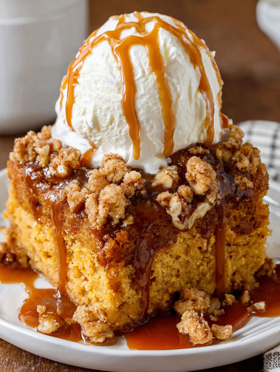A slice of pumpkin spice cake with caramel sauce drizzled on top.