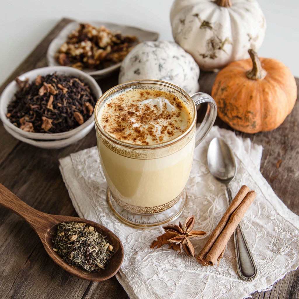 A cup of pumpkin pecan chai latte with a spoon and a bowl of nuts.