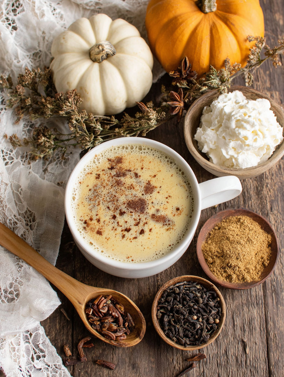 A cup of pumpkin pecan chai latte with spices and a pumpkin.