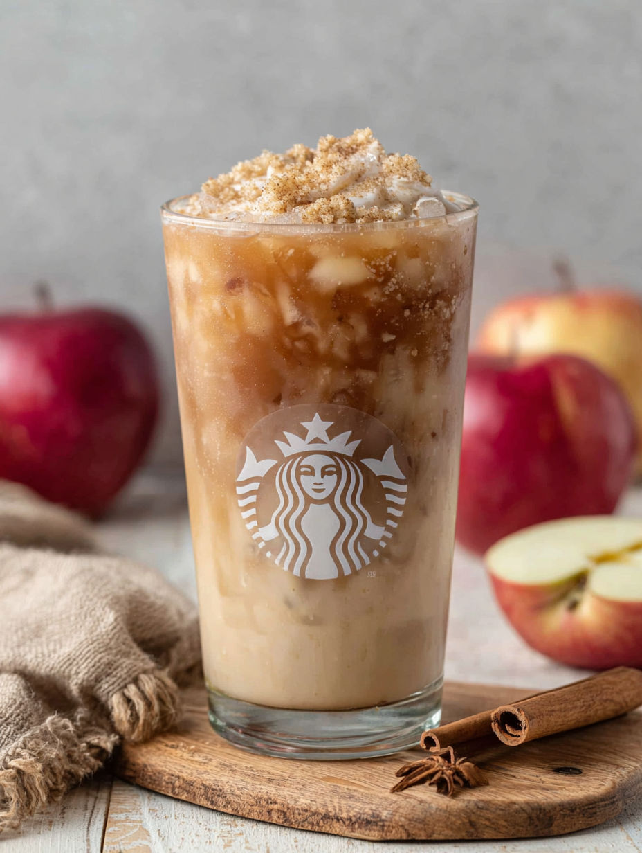 A glass of Starbucks Iced Apple Crisp Oatmilk Shaken Espresso.