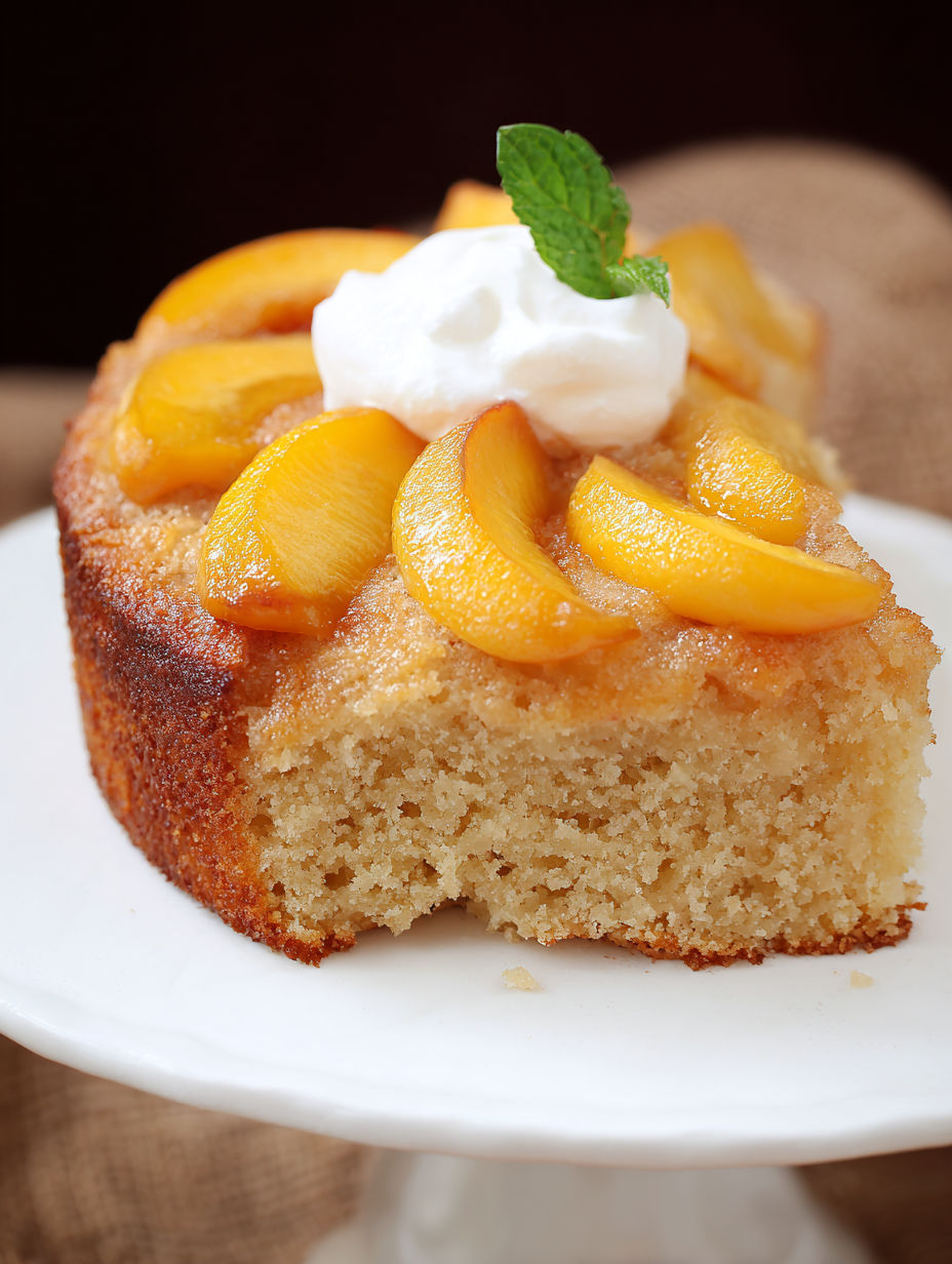 A slice of peach cake with whipped cream on top.