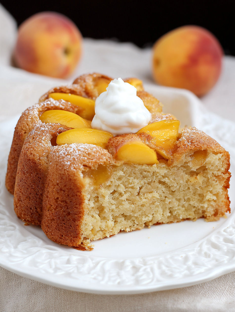 A piece of peach cake with white frosting.