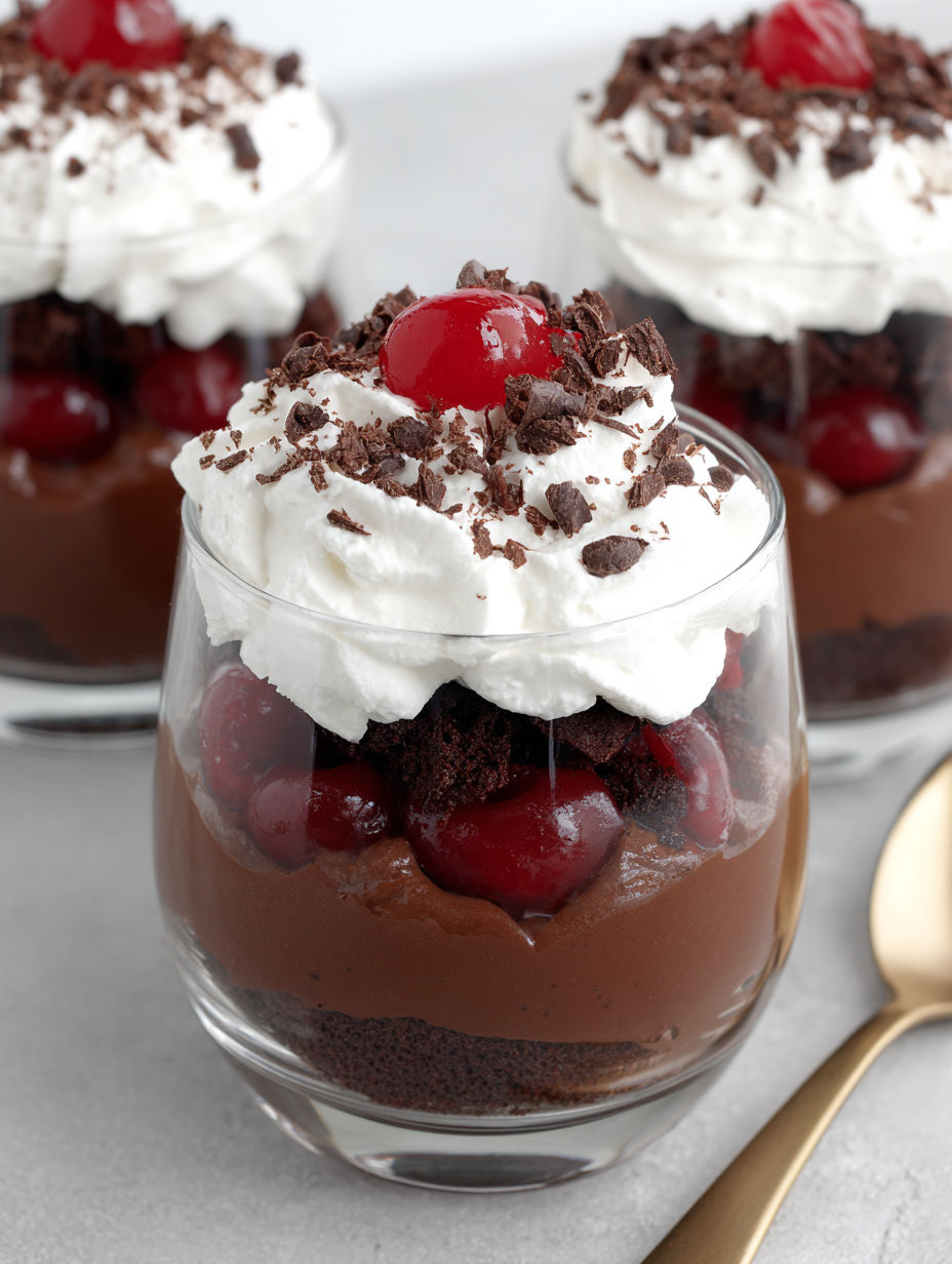 A glass of chocolate cake with white whip cream and cherries.