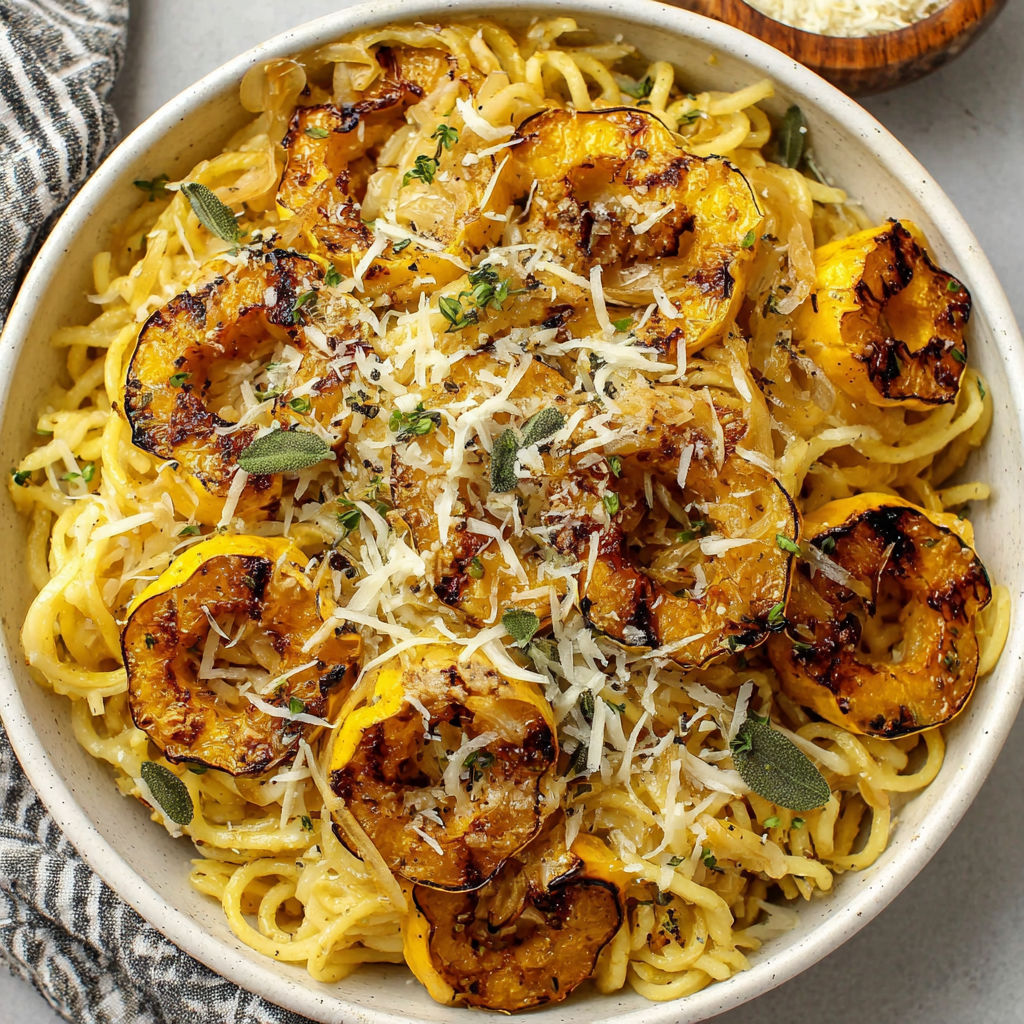 A bowl of pasta with roasted delicata squash.