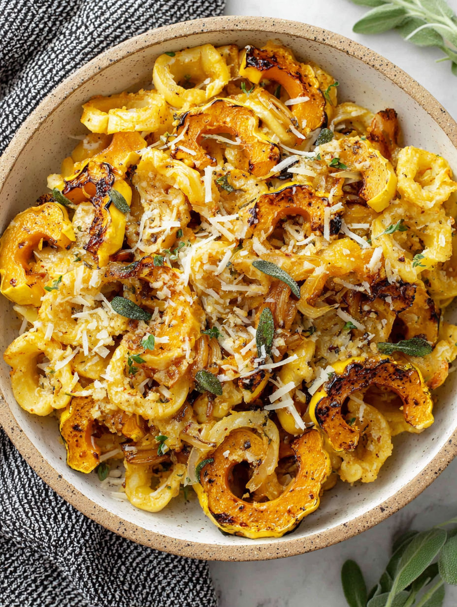 A bowl of pasta with roasted delicata squash.