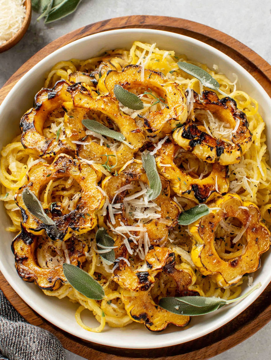 A bowl of pasta with roasted delicata squash.