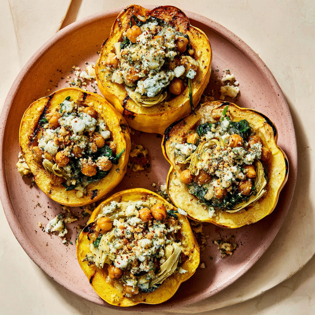 Roasted carnival squash with savory chickpea filling.