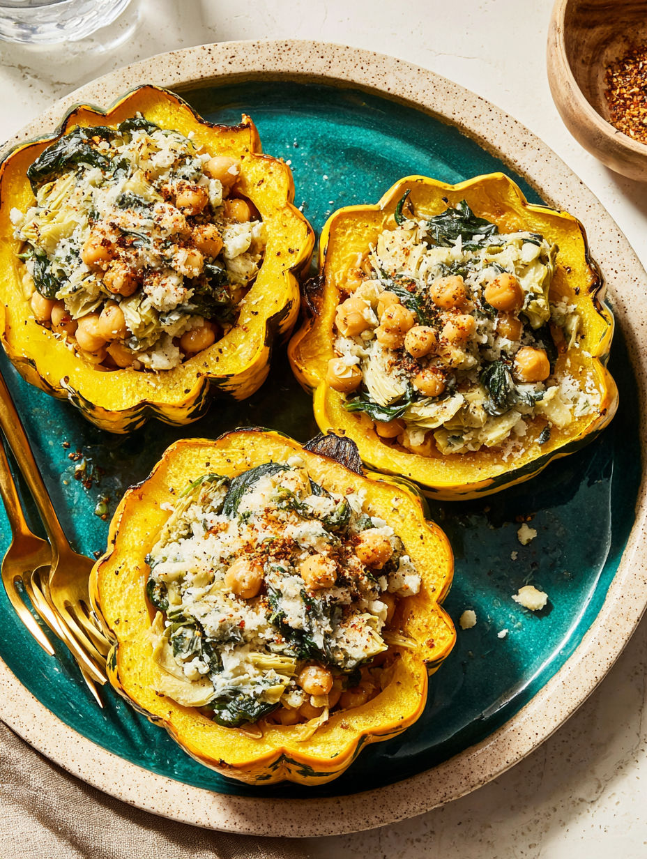 A plate of roasted carnival squash with savory chickpea filling.