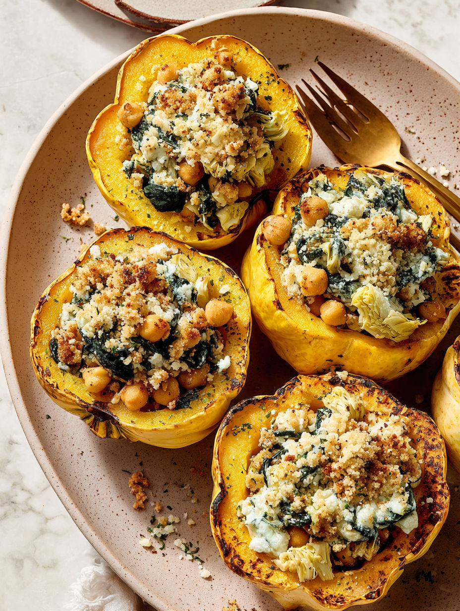 Roasted carnival squash with savory chickpea filling.