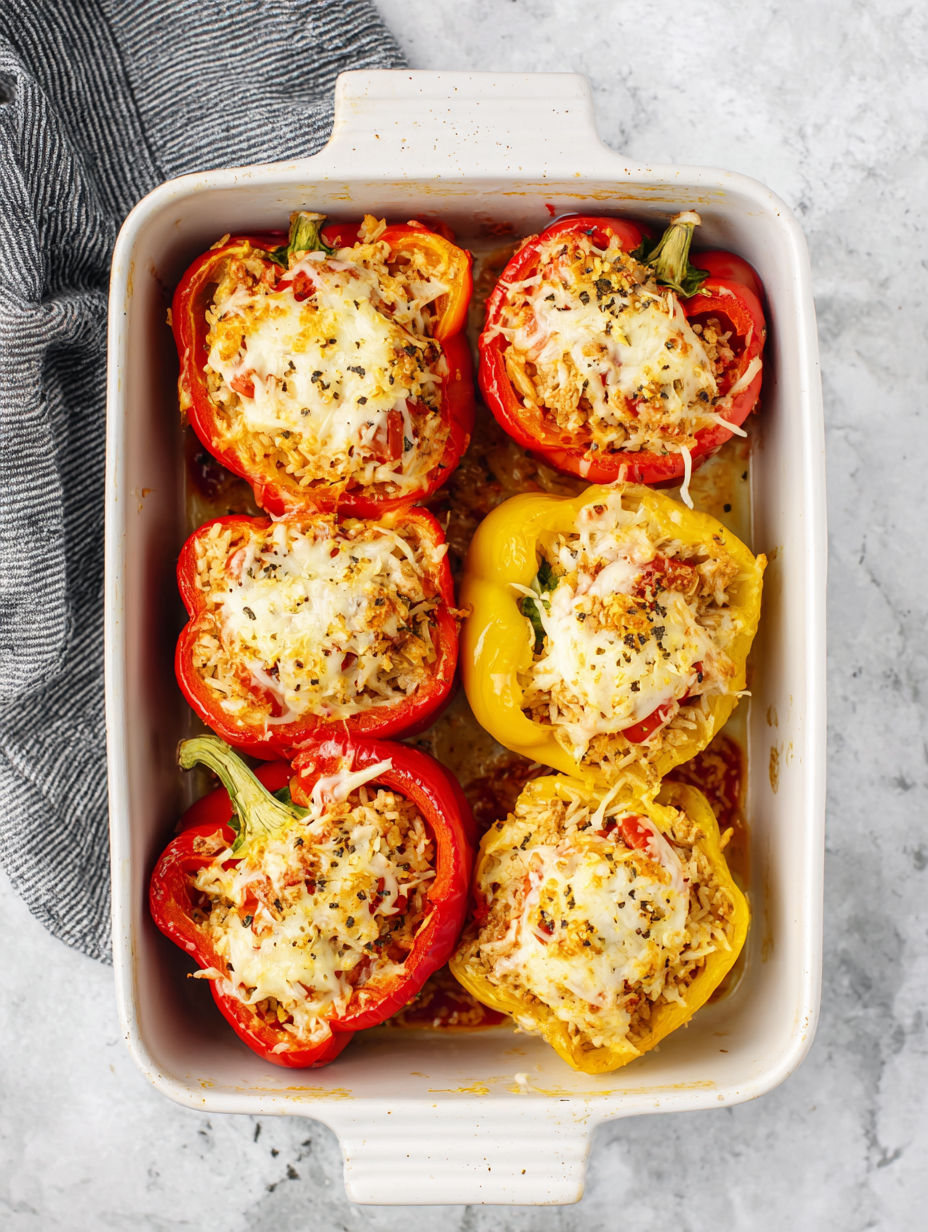 A dish of stuffed peppers with cheese and ground chicken.
