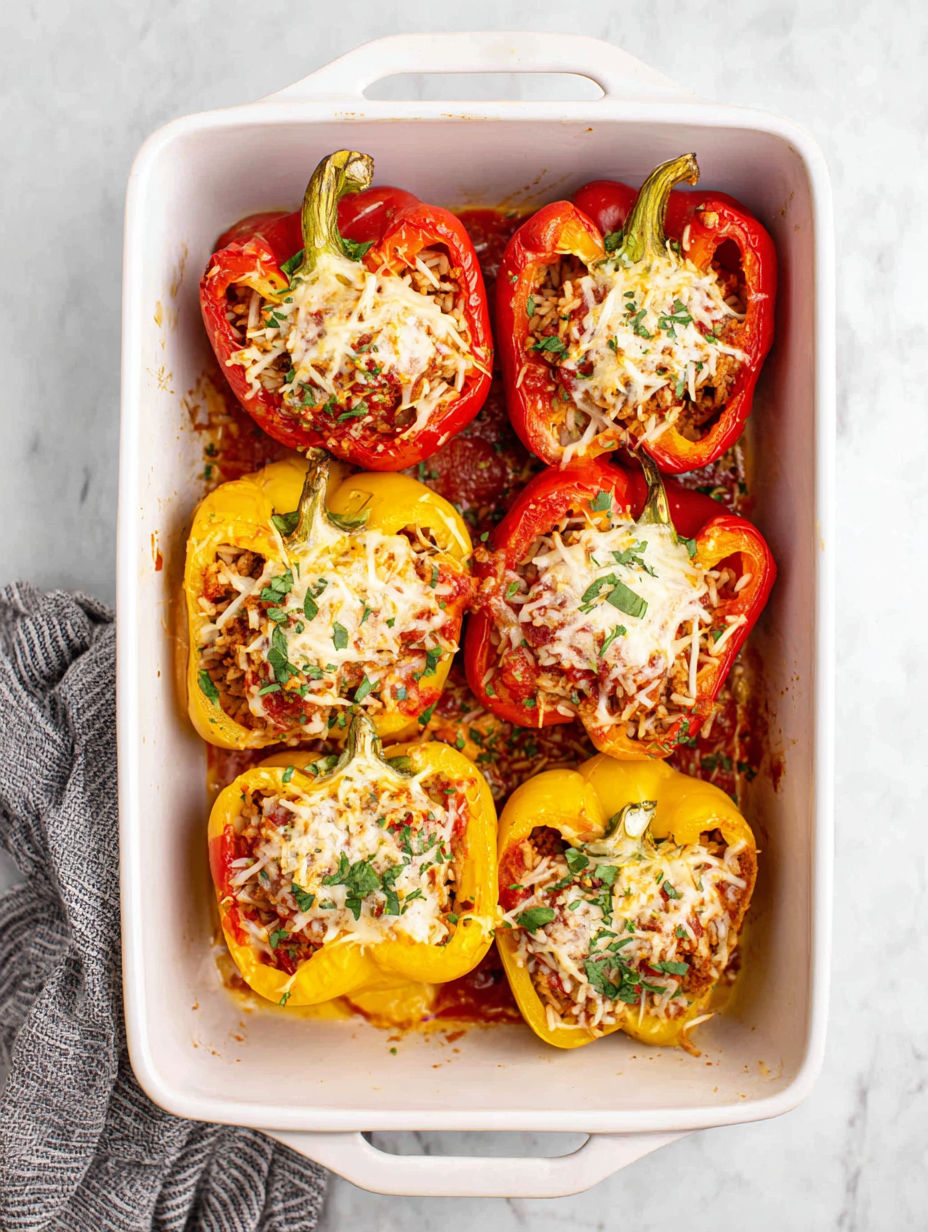 A dish of stuffed peppers with cheese and ground chicken.