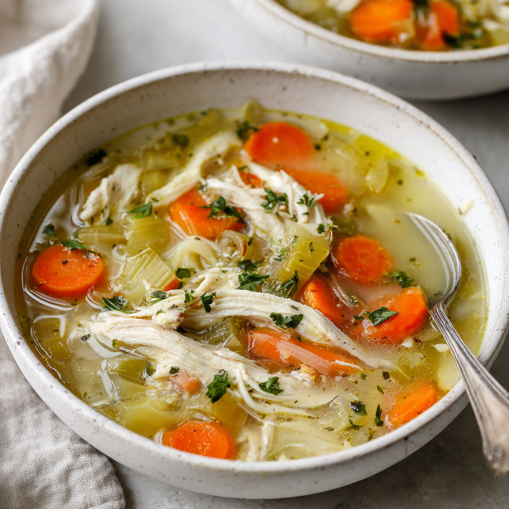 A bowl of chicken soup with carrots and herbs.
