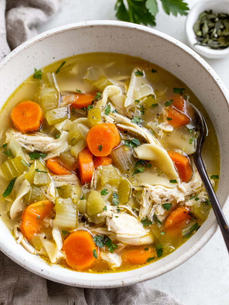 A bowl of chicken soup with vegetables.