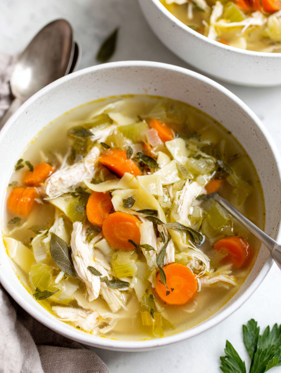 A bowl of soup with chicken and vegetables.
