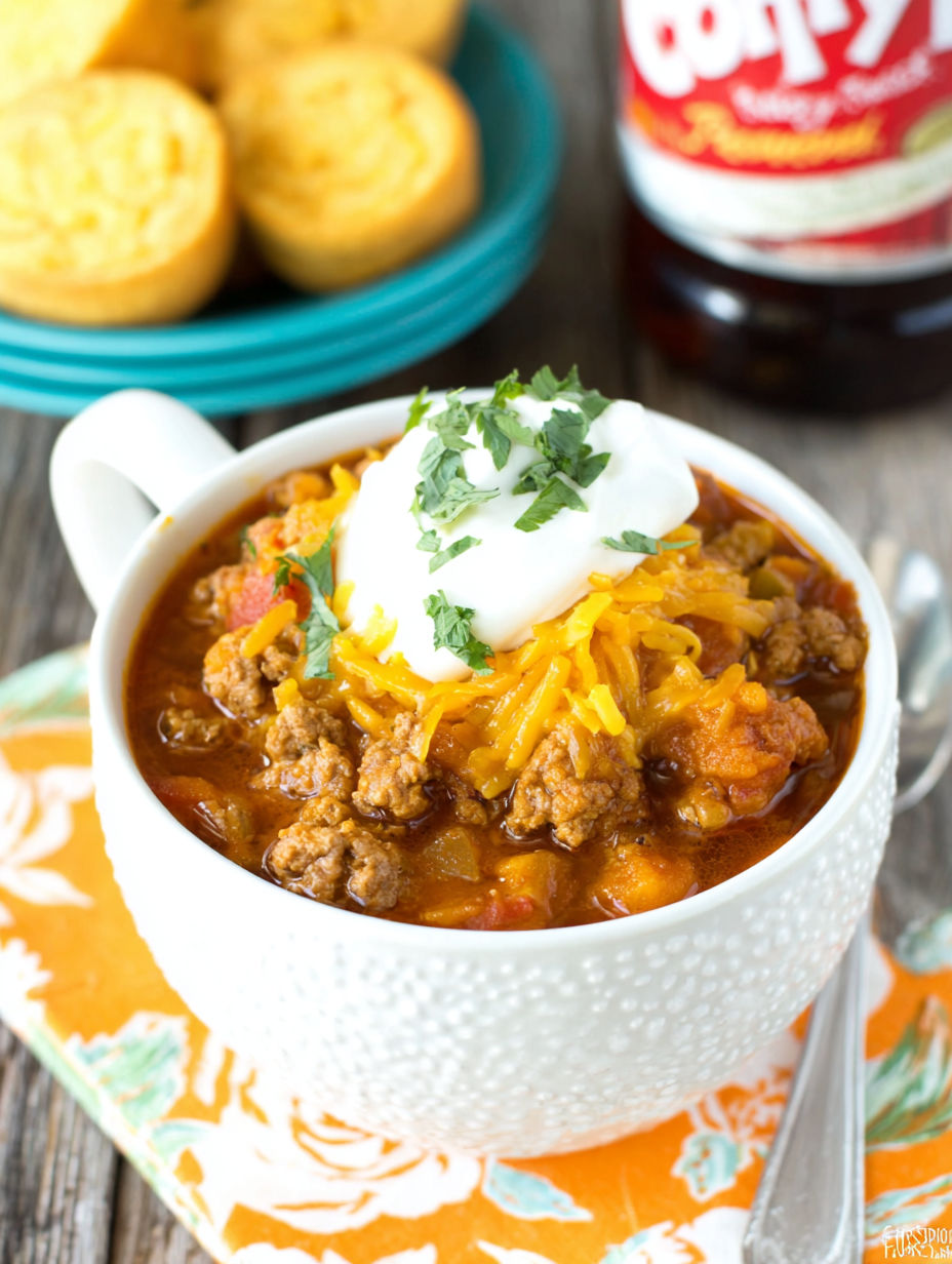 A bowl of chili with a dollop of sour cream on top.